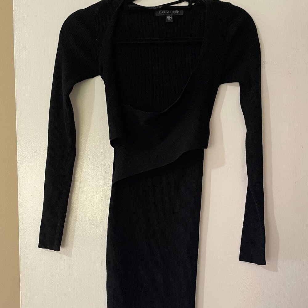Forever New Black Ribbed Knit‎ Wrap Front Dress Long Sleeve KN4001 Size 2